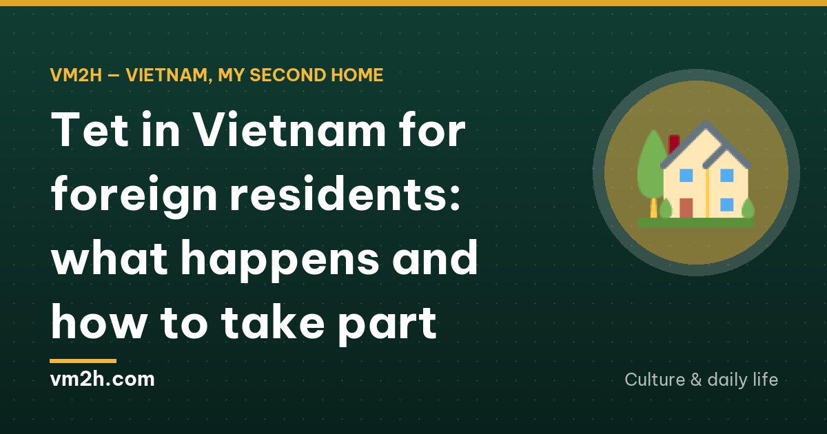 A quiet residential street in Vietnam before the Lunar New Year, potted kumquat trees and yellow apricot blossoms on balconies, a foreign resident carrying flowers home at dusk