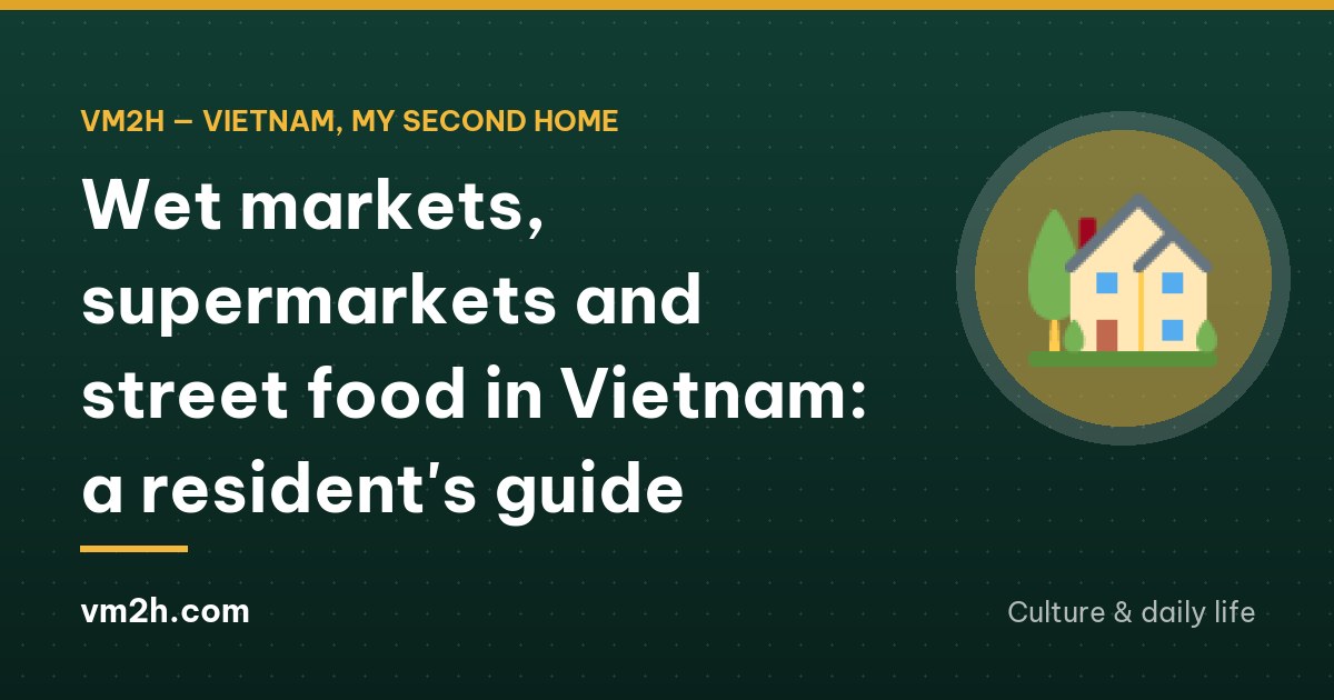 Early morning at a neighbourhood wet market in Vietnam, baskets of fresh herbs and vegetables on low stalls, a foreign resident choosing greens beside a Vietnamese vendor, soft light